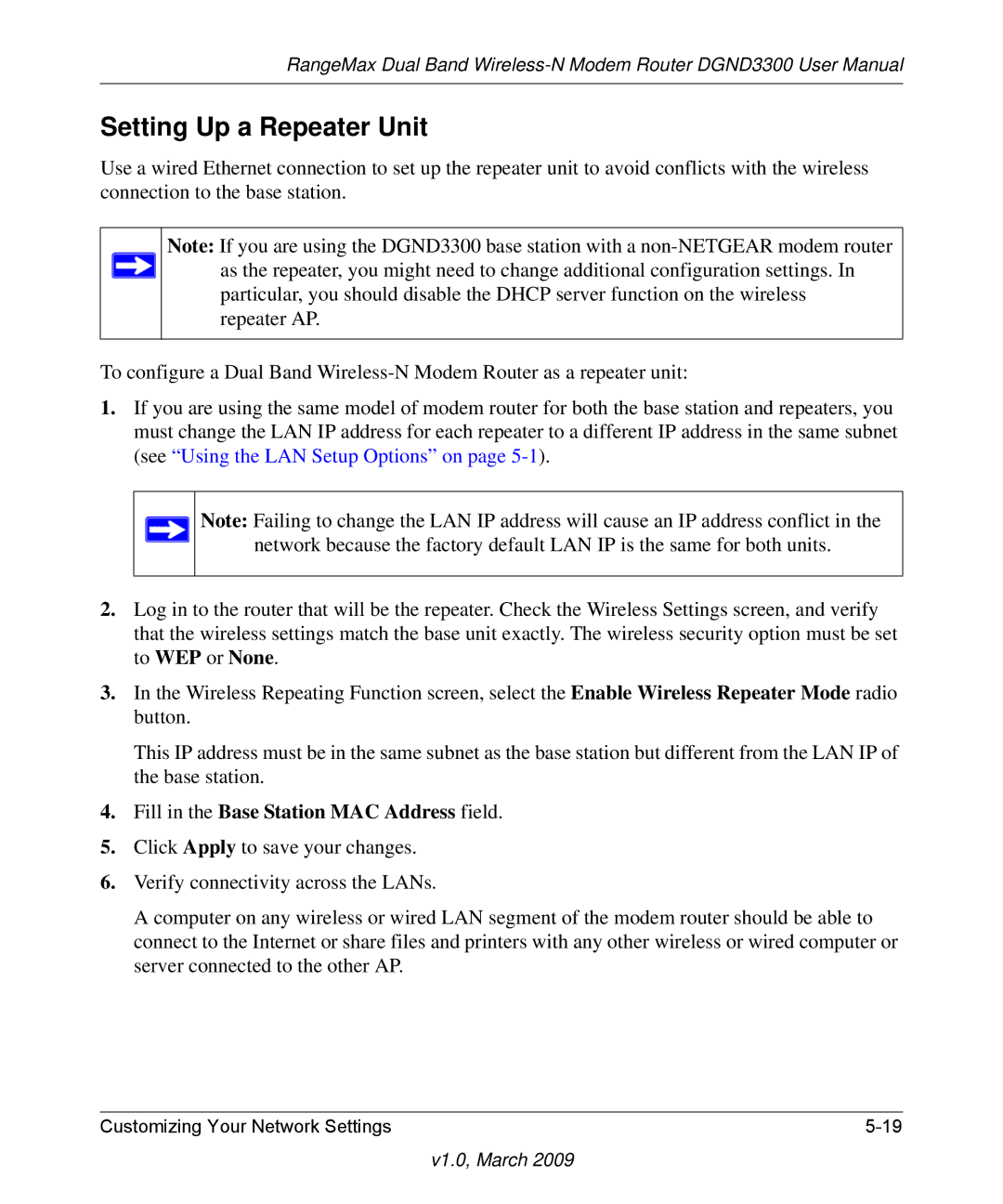 NETGEAR DGND3300 user manual Setting Up a Repeater Unit, Fill in the Base Station MAC Address field 