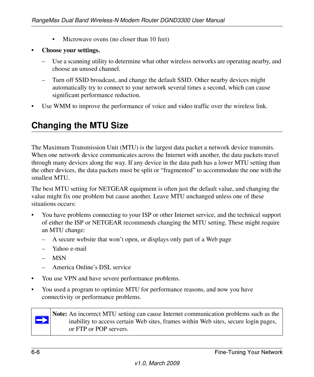 NETGEAR DGND3300 user manual Changing the MTU Size, Choose your settings 