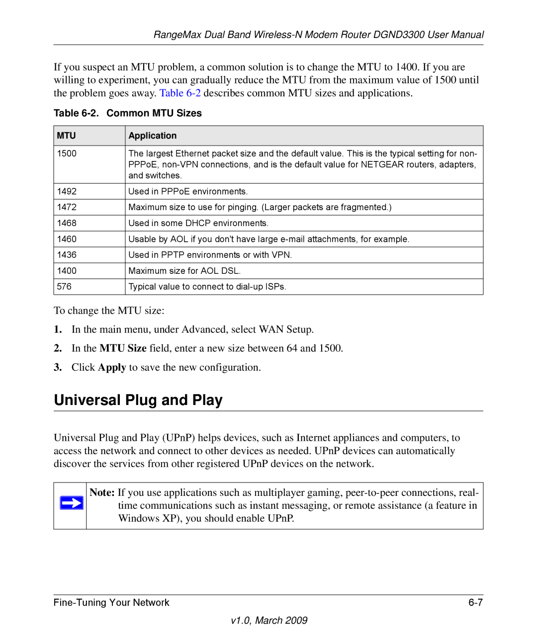 NETGEAR DGND3300 user manual Universal Plug and Play, Common MTU Sizes, Application 