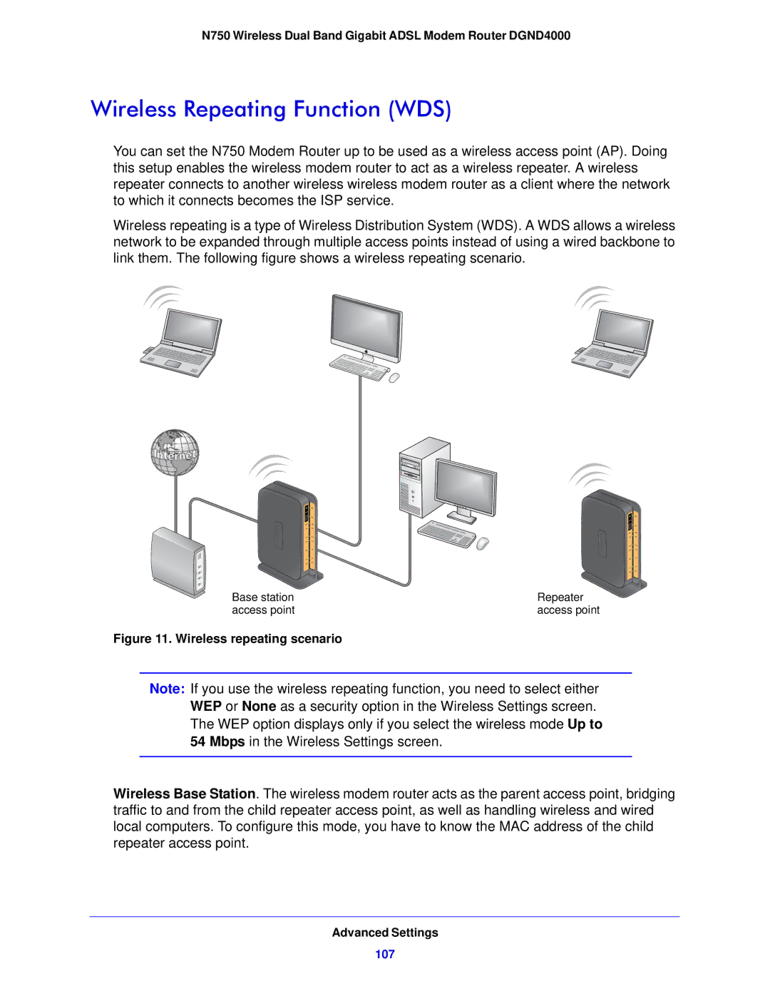 NETGEAR DGND4000-100NAS user manual Wireless Repeating Function WDS, Wireless repeating scenario 