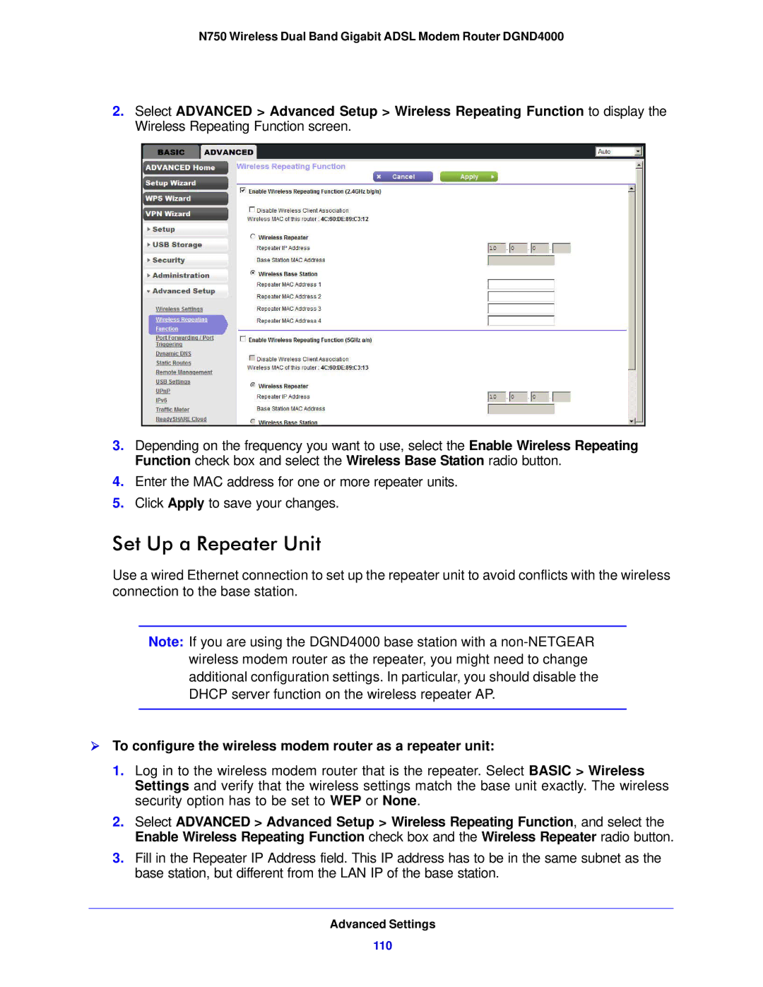 NETGEAR DGND4000-100NAS user manual Set Up a Repeater Unit,  To configure the wireless modem router as a repeater unit 