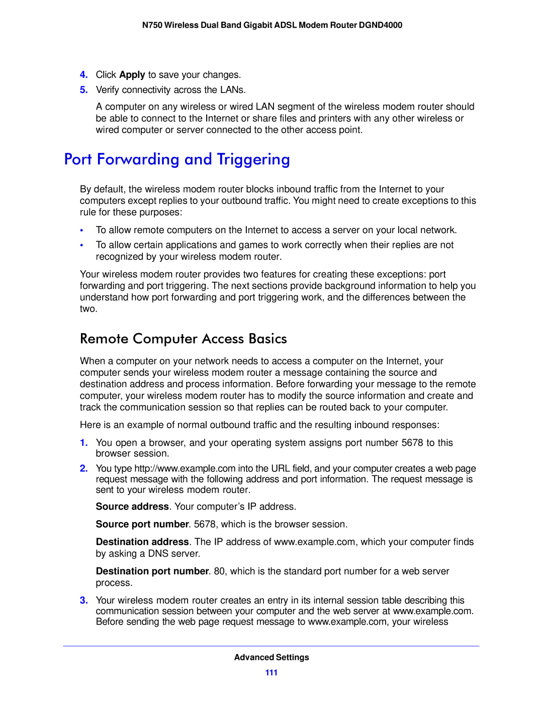 NETGEAR DGND4000-100NAS user manual Port Forwarding and Triggering, Remote Computer Access Basics 