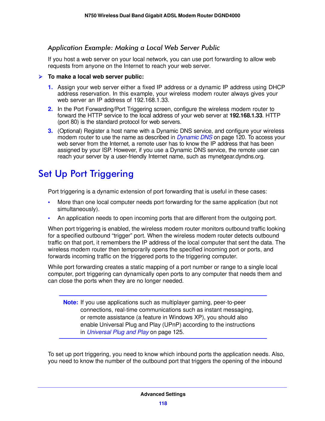 NETGEAR DGND4000-100NAS user manual Set Up Port Triggering, Application Example Making a Local Web Server Public 