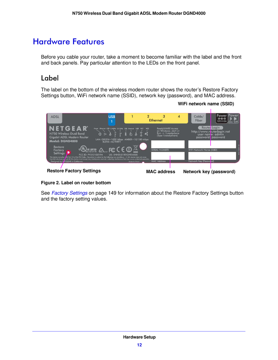 NETGEAR DGND4000-100NAS user manual Hardware Features, Label 