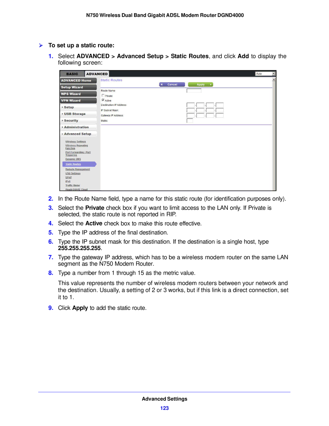 NETGEAR DGND4000-100NAS user manual  To set up a static route 