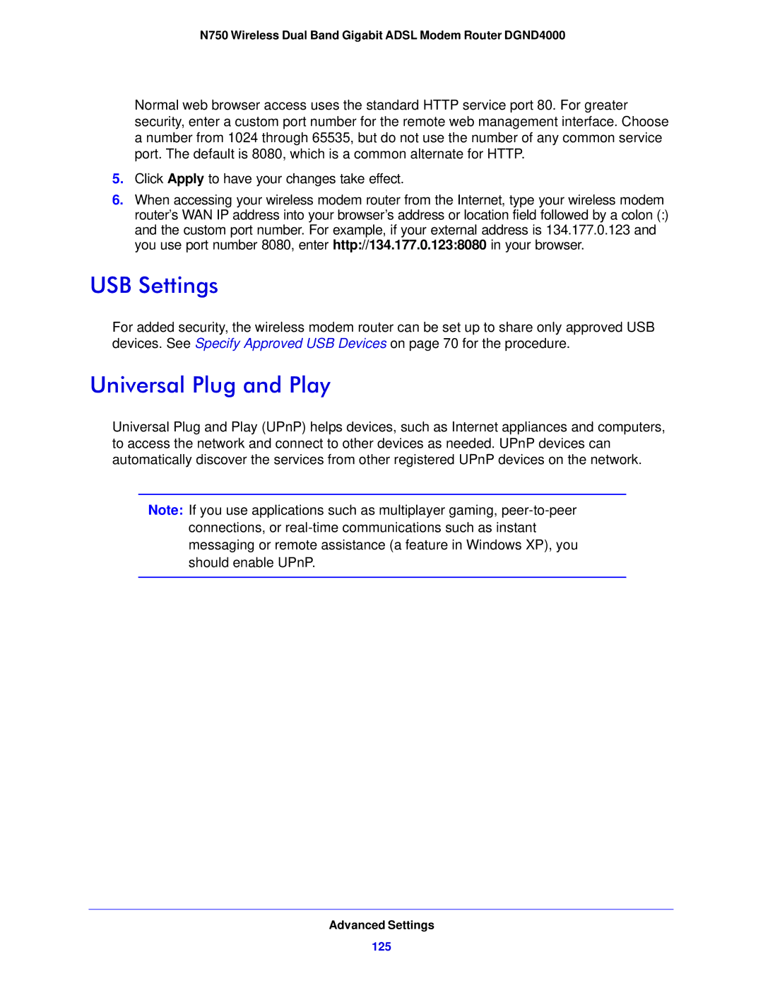 NETGEAR DGND4000-100NAS user manual USB Settings, Universal Plug and Play 