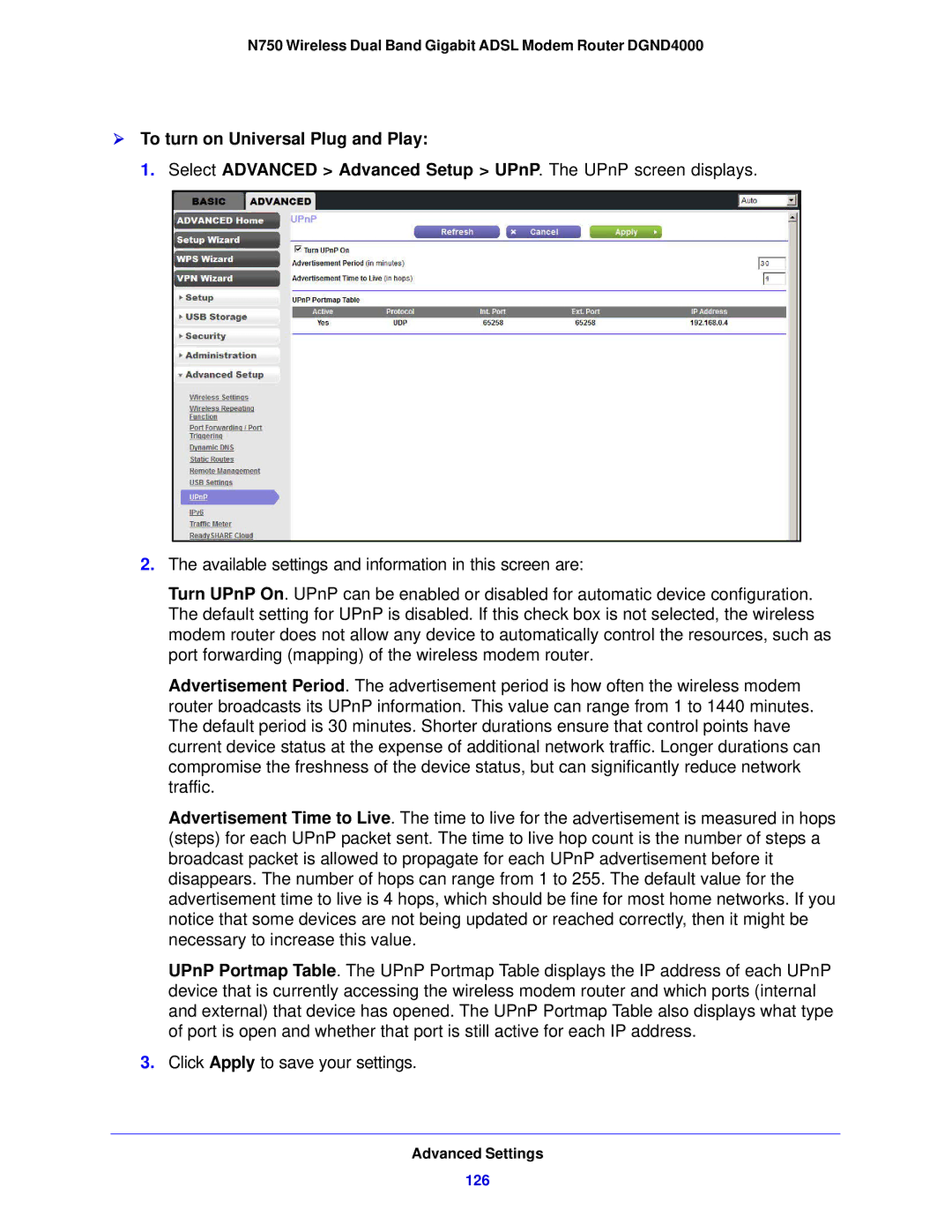 NETGEAR DGND4000-100NAS user manual  To turn on Universal Plug and Play 