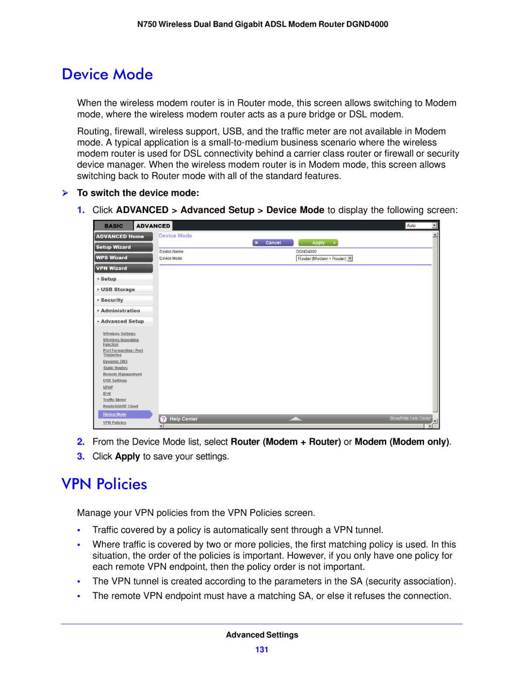 NETGEAR DGND4000-100NAS user manual Device Mode, VPN Policies 