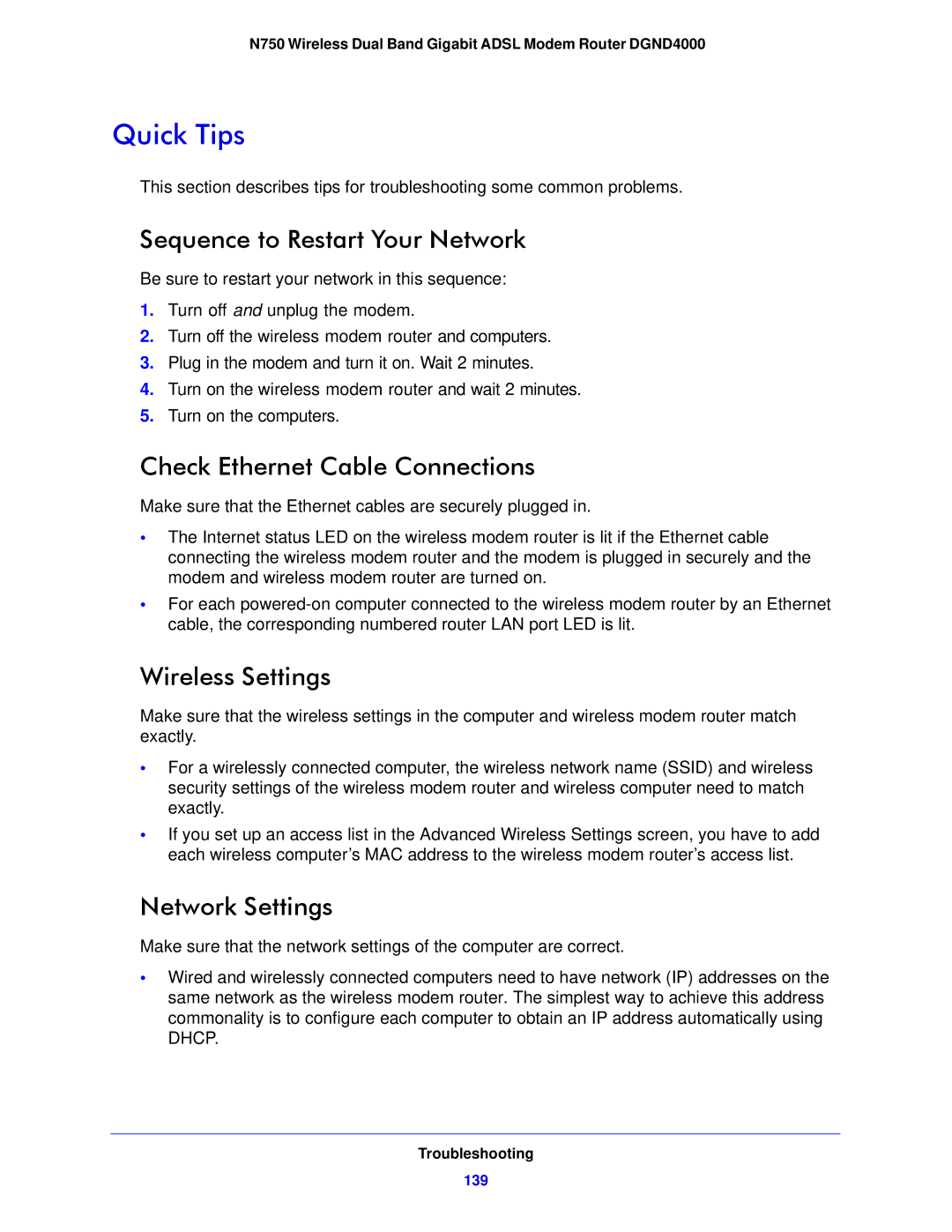 NETGEAR DGND4000-100NAS Quick Tips, Sequence to Restart Your Network, Check Ethernet Cable Connections, Wireless Settings 