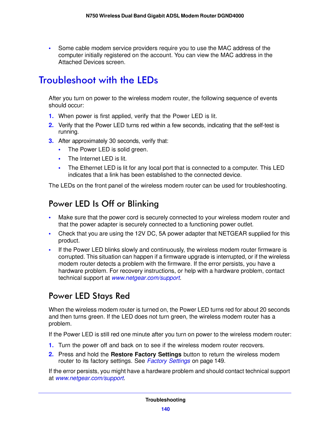 NETGEAR DGND4000-100NAS user manual Troubleshoot with the LEDs, Power LED Is Off or Blinking, Power LED Stays Red 