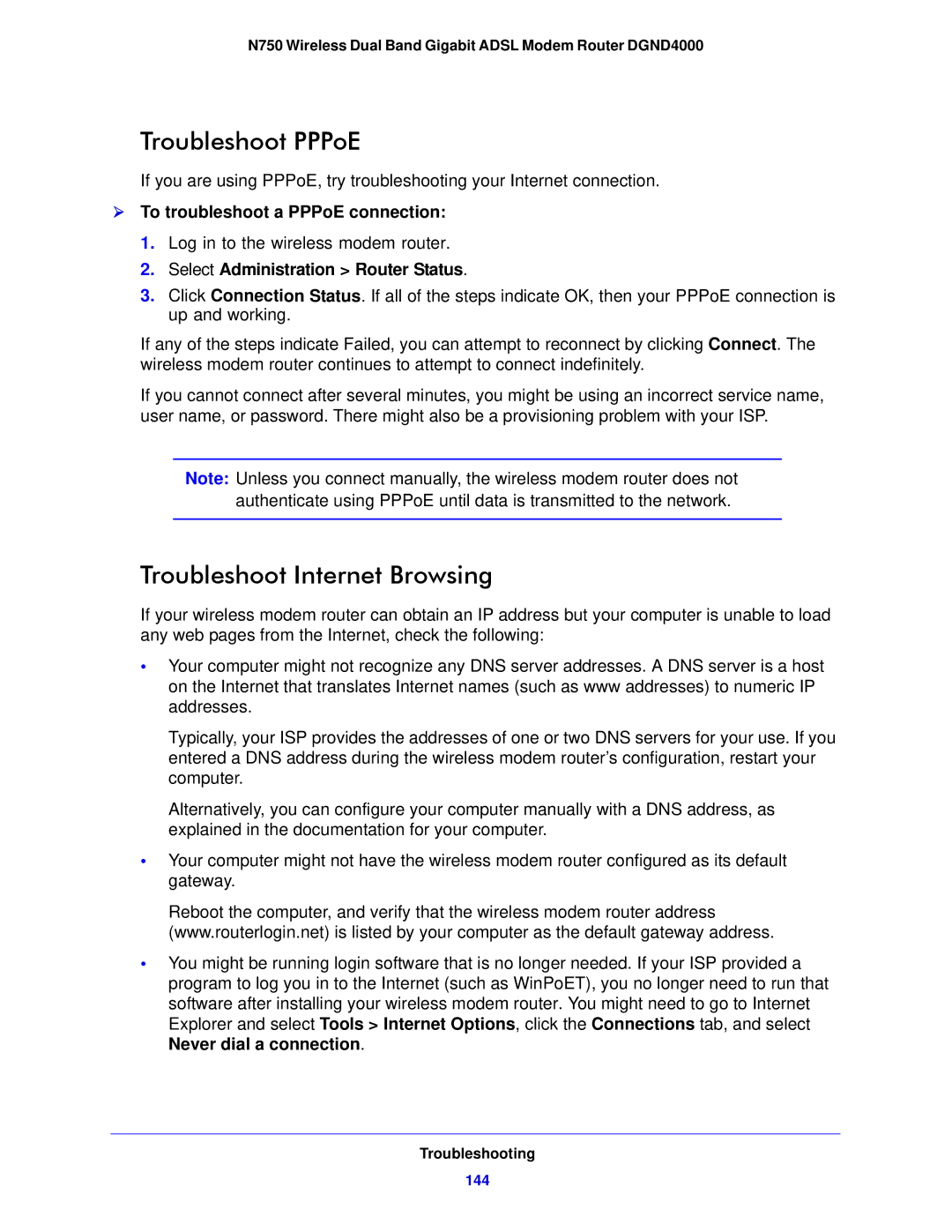 NETGEAR DGND4000-100NAS Troubleshoot PPPoE, Troubleshoot Internet Browsing,  To troubleshoot a PPPoE connection 