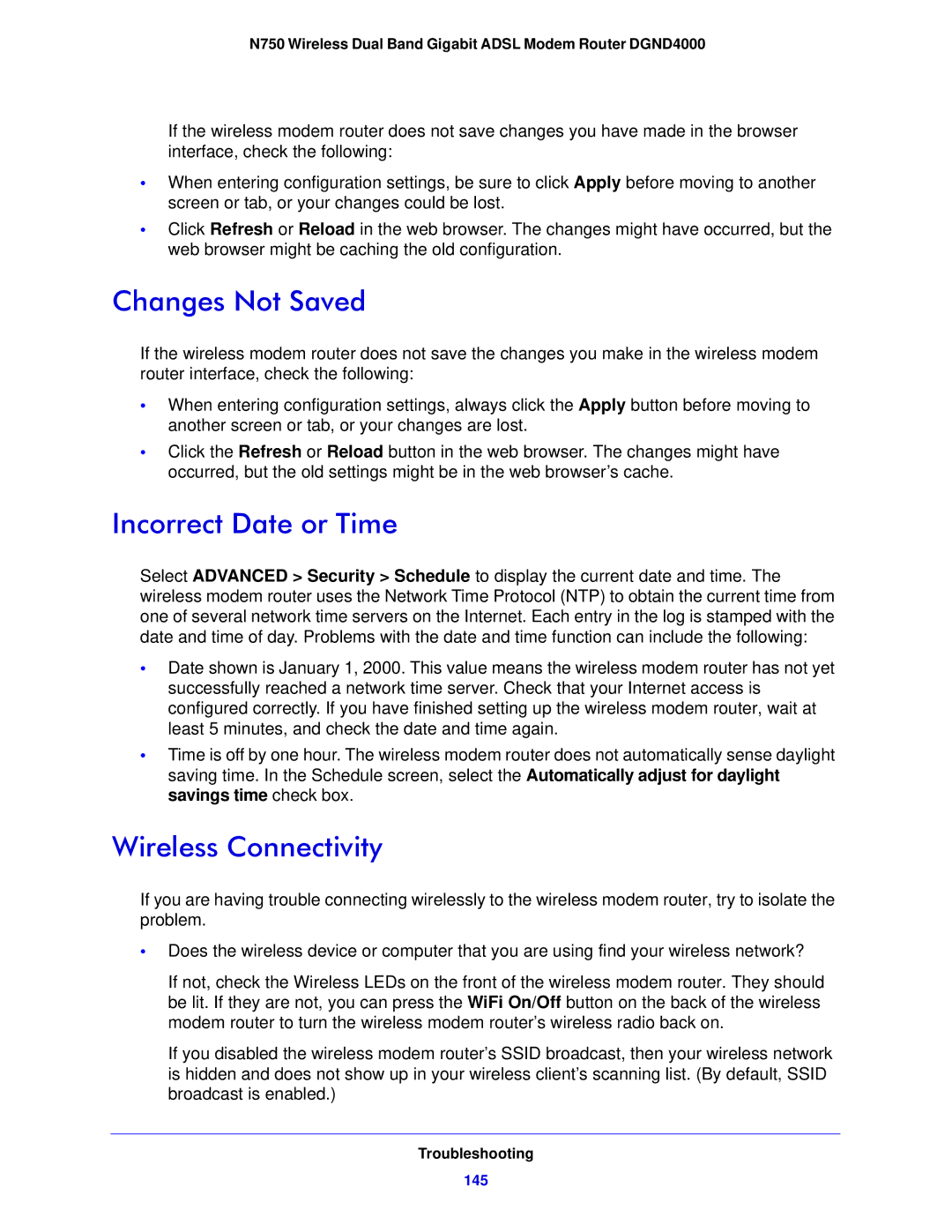 NETGEAR DGND4000-100NAS user manual Changes Not Saved, Incorrect Date or Time, Wireless Connectivity 