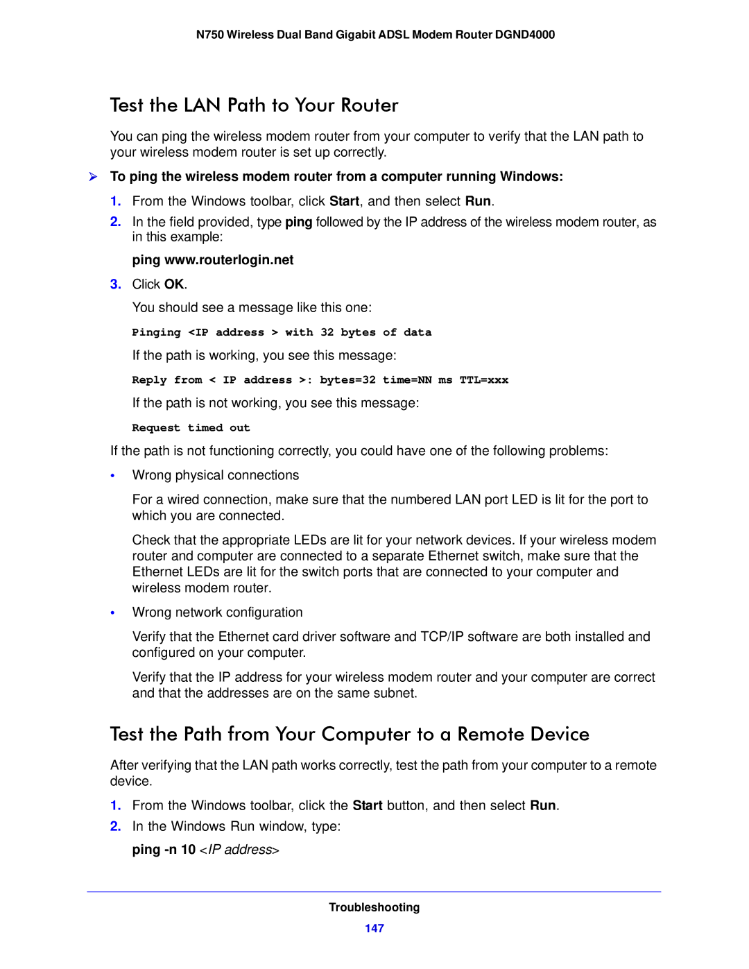 NETGEAR DGND4000-100NAS user manual Test the LAN Path to Your Router, Test the Path from Your Computer to a Remote Device 