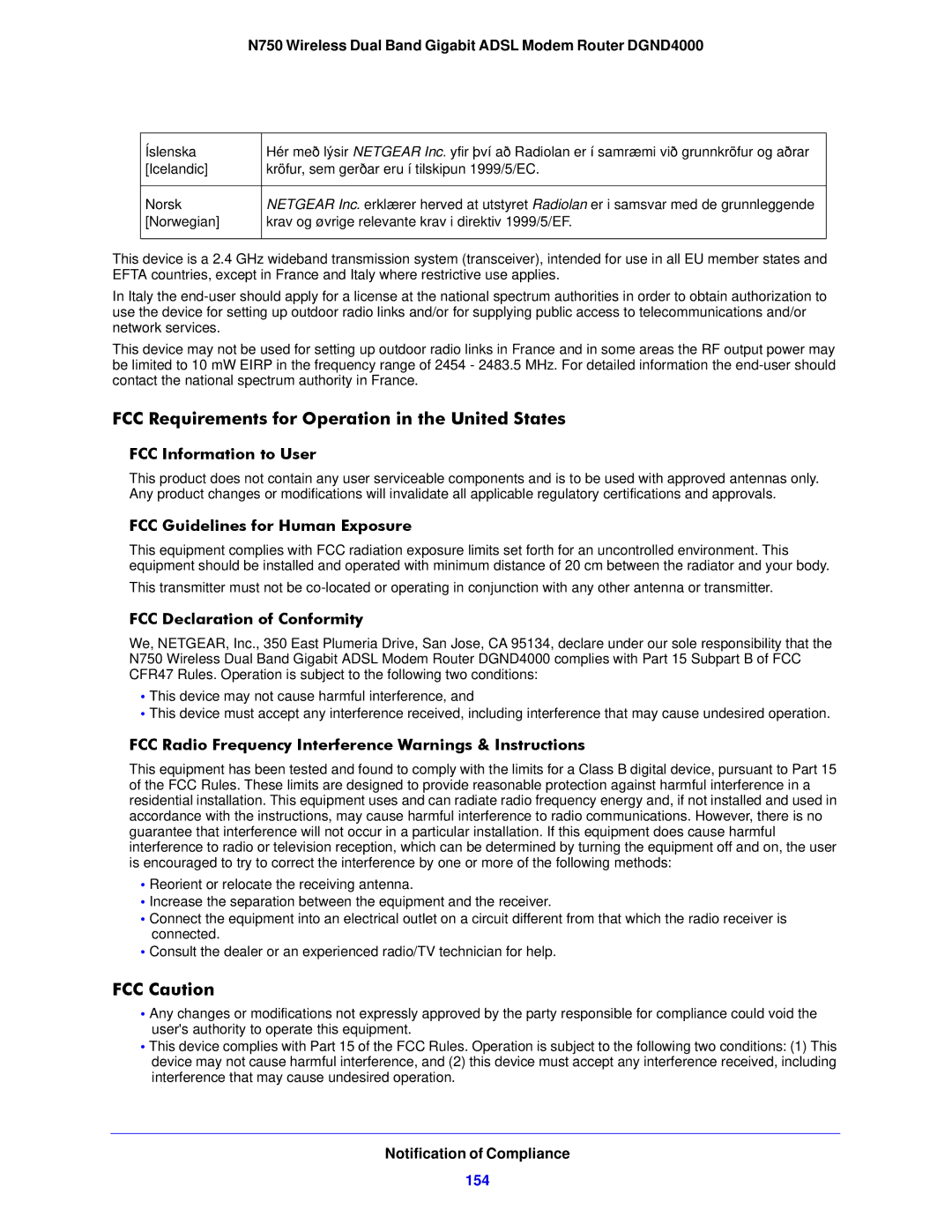 NETGEAR DGND4000-100NAS user manual FCC Requirements for Operation in the United States, FCC Caution 