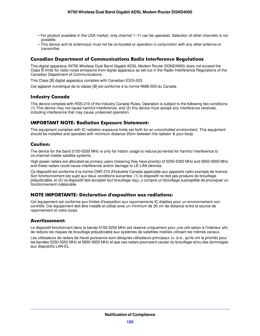 NETGEAR DGND4000-100NAS user manual Industry Canada, Important Note Radiation Exposure Statement, Avertissement 