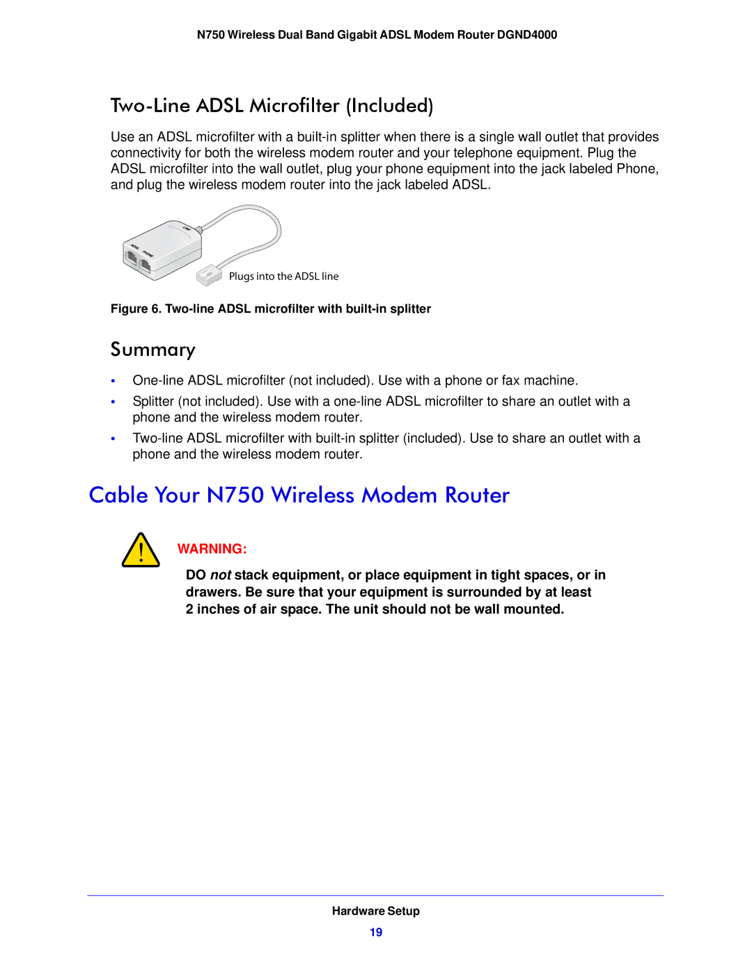 NETGEAR DGND4000-100NAS user manual Cable Your N750 Wireless Modem Router, Two-Line Adsl Microfilter Included, Summary 