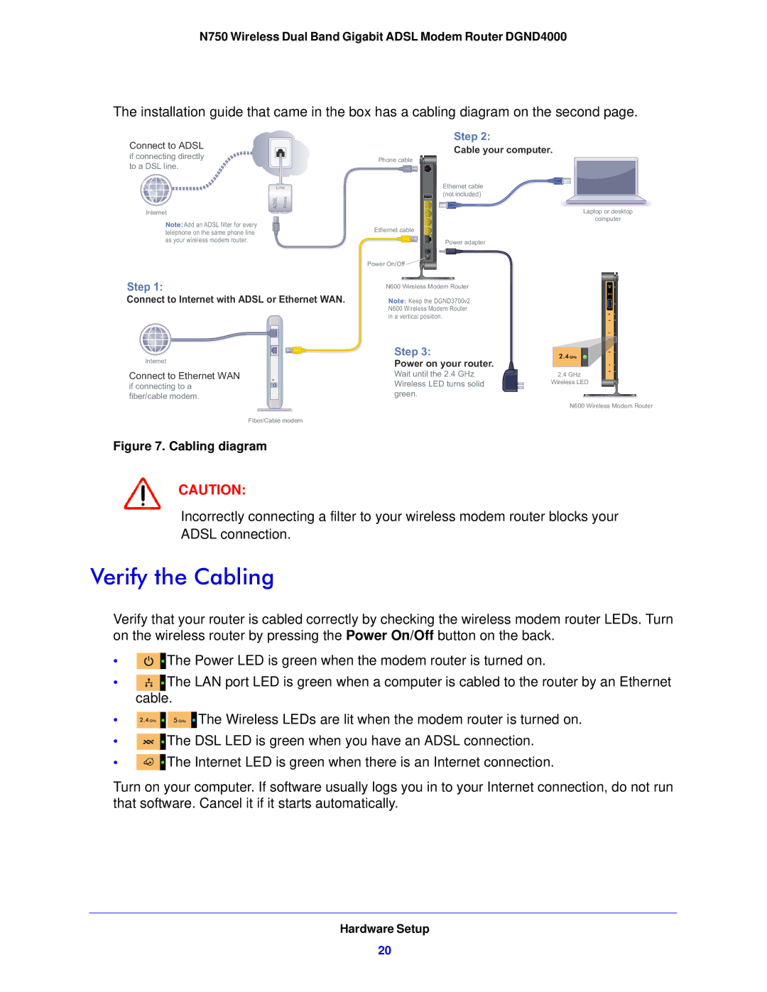 NETGEAR DGND4000-100NAS user manual Verify the Cabling, Connect to Internet with Adsl or Ethernet WAN 