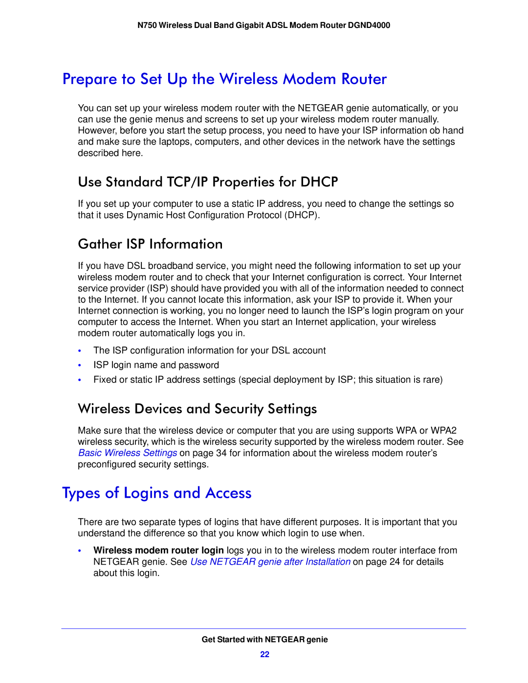 NETGEAR DGND4000-100NAS Prepare to Set Up the Wireless Modem Router, Types of Logins and Access, Gather ISP Information 