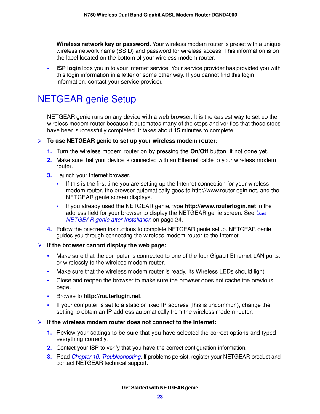 NETGEAR DGND4000-100NAS user manual Netgear genie Setup,  To use Netgear genie to set up your wireless modem router 