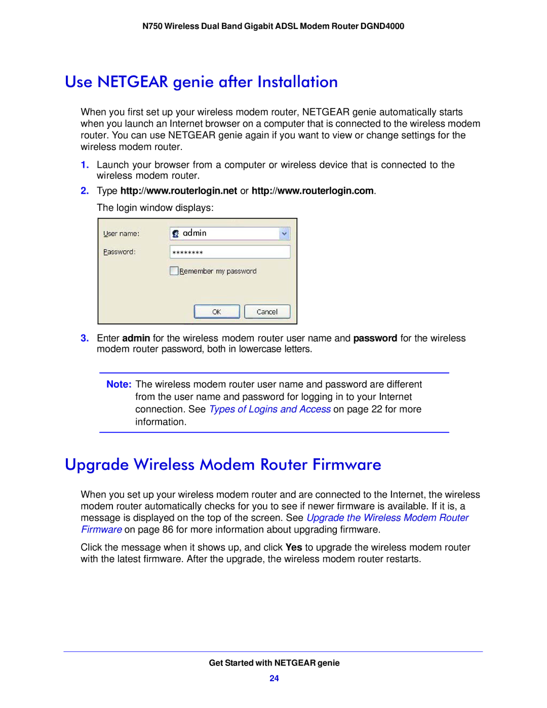 NETGEAR DGND4000-100NAS user manual Use Netgear genie after Installation, Upgrade Wireless Modem Router Firmware 