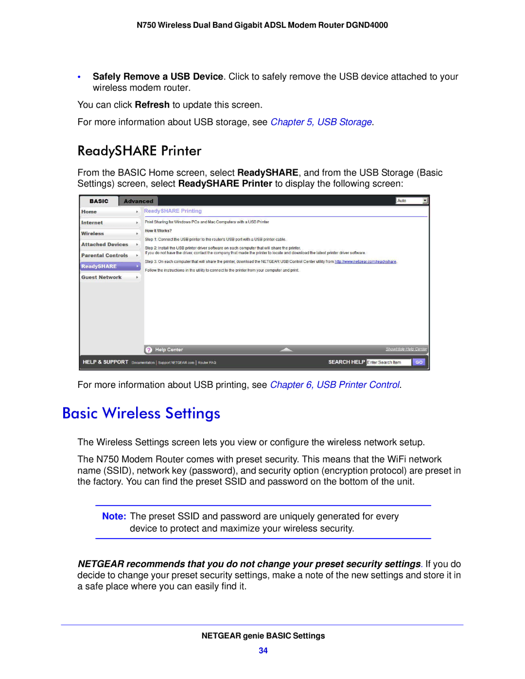 NETGEAR DGND4000-100NAS user manual Basic Wireless Settings, ReadySHARE Printer 