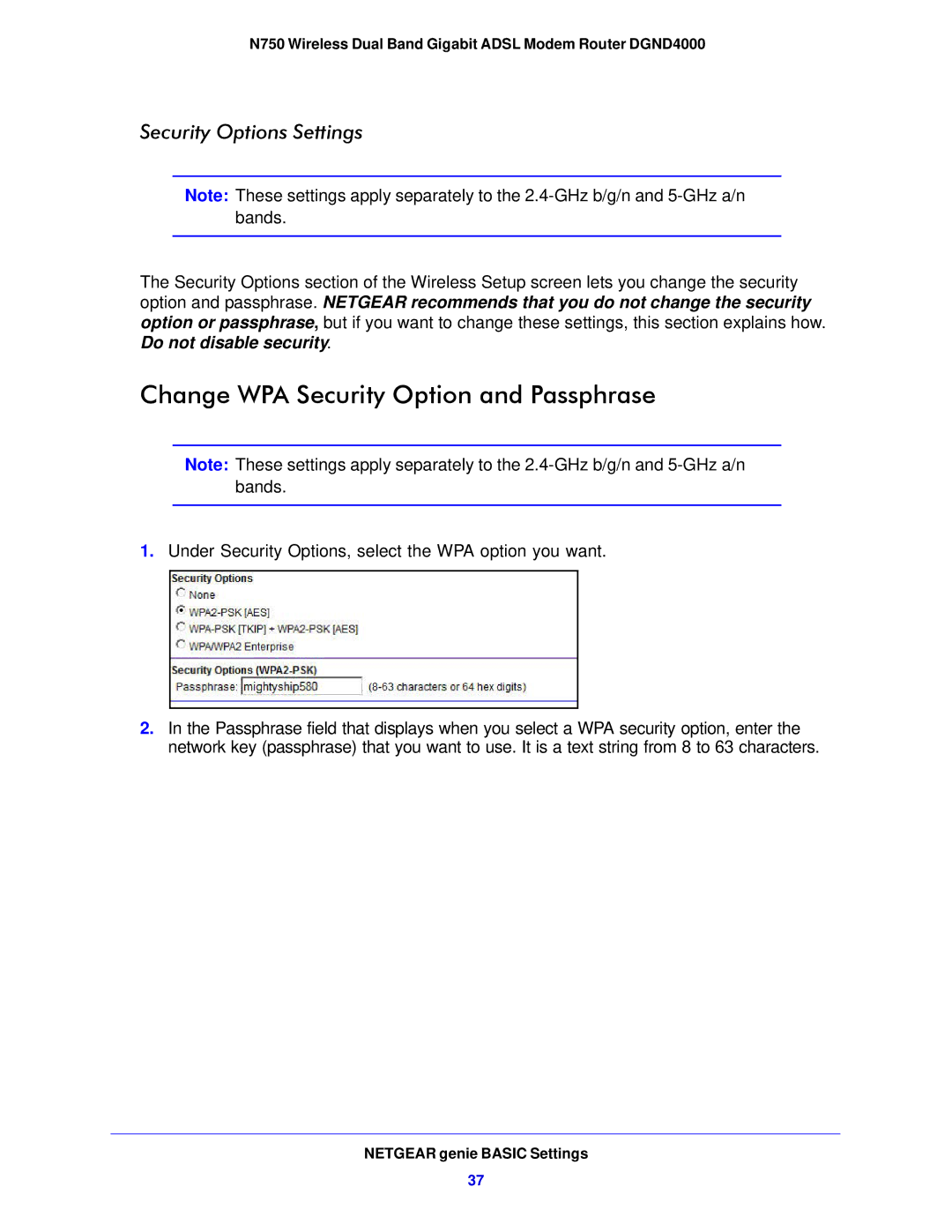 NETGEAR DGND4000-100NAS user manual Change WPA Security Option and Passphrase, Security Options Settings 