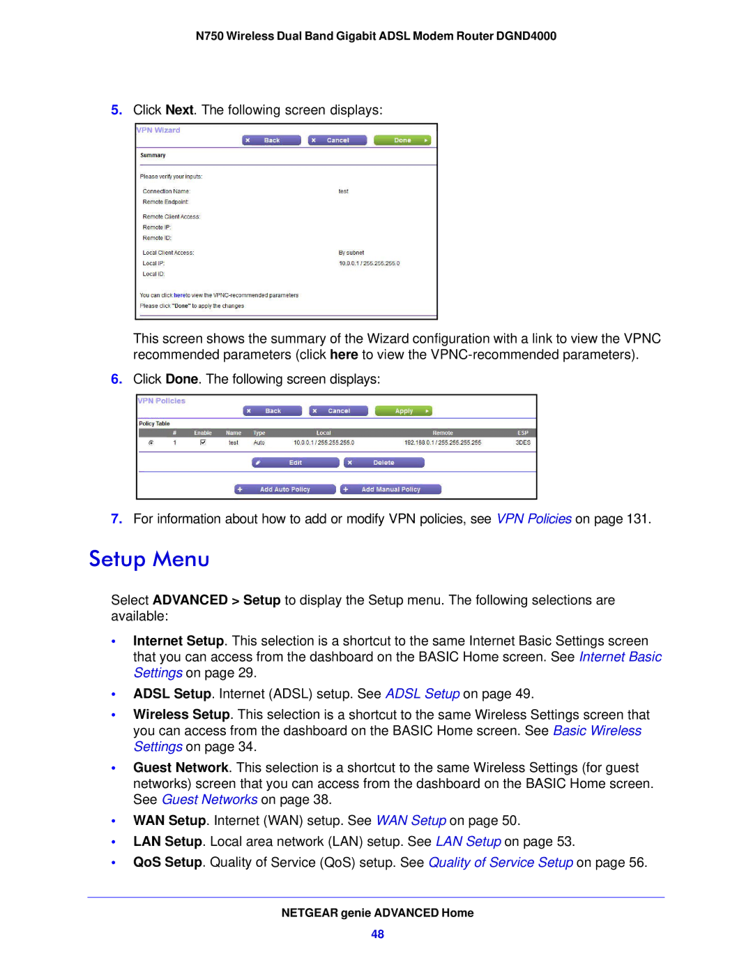 NETGEAR DGND4000-100NAS user manual Setup Menu 