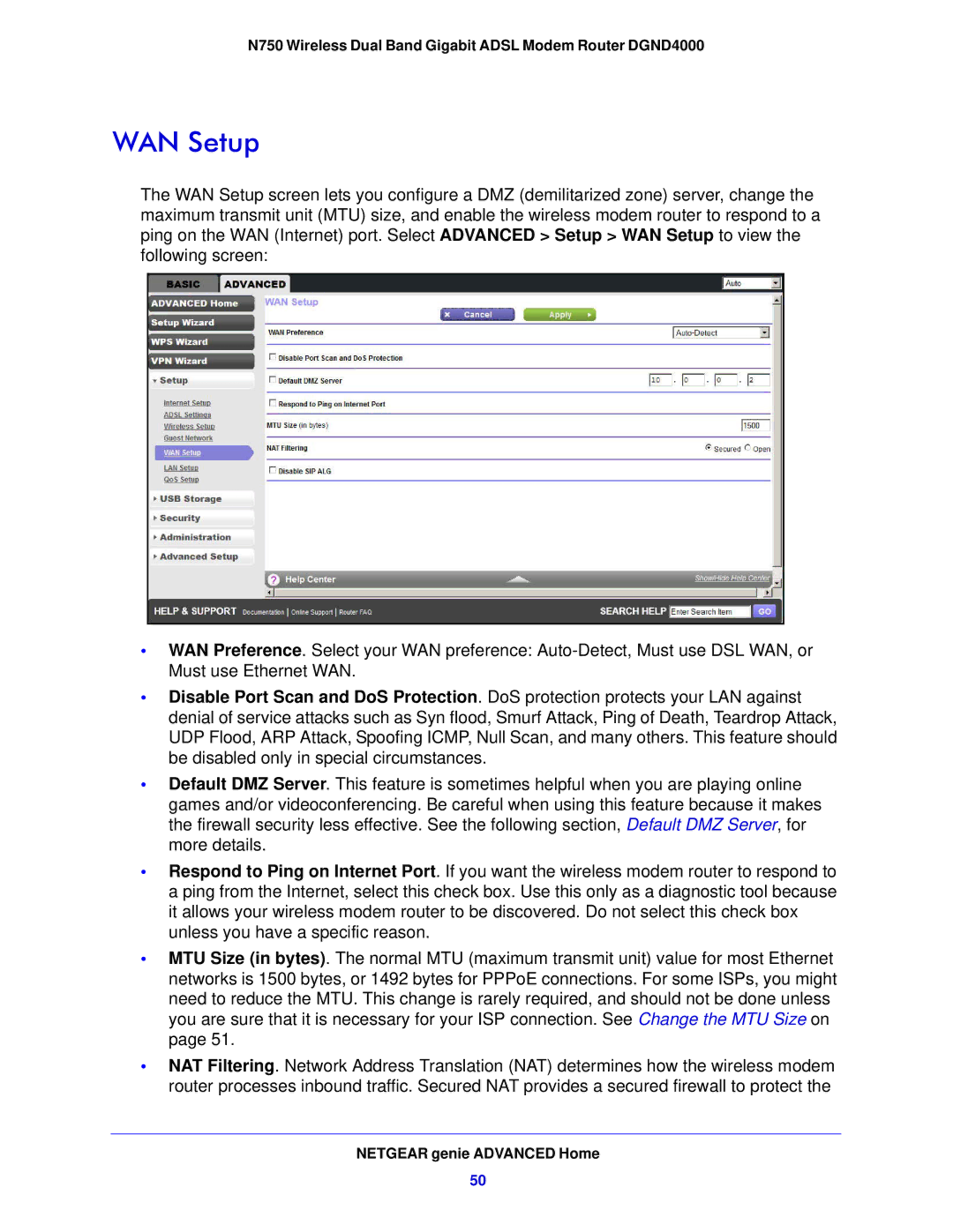 NETGEAR DGND4000-100NAS user manual WAN Setup 