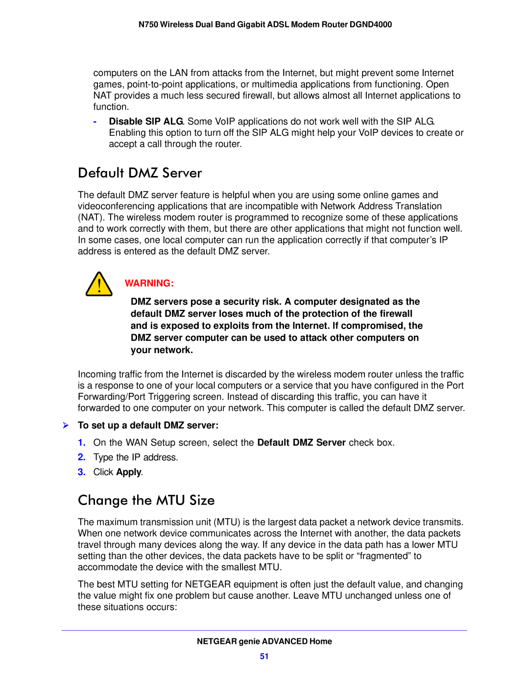 NETGEAR DGND4000-100NAS user manual Default DMZ Server, Change the MTU Size,  To set up a default DMZ server 