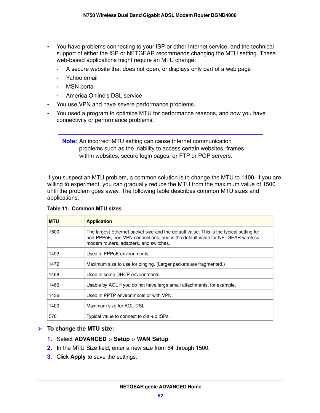 NETGEAR DGND4000-100NAS user manual  To change the MTU size Select Advanced Setup WAN Setup, Common MTU sizes 