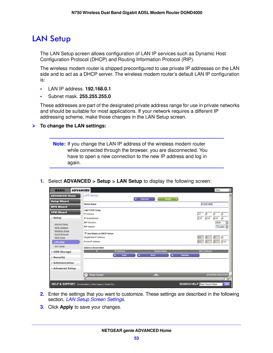 NETGEAR DGND4000-100NAS user manual LAN Setup,  To change the LAN settings 