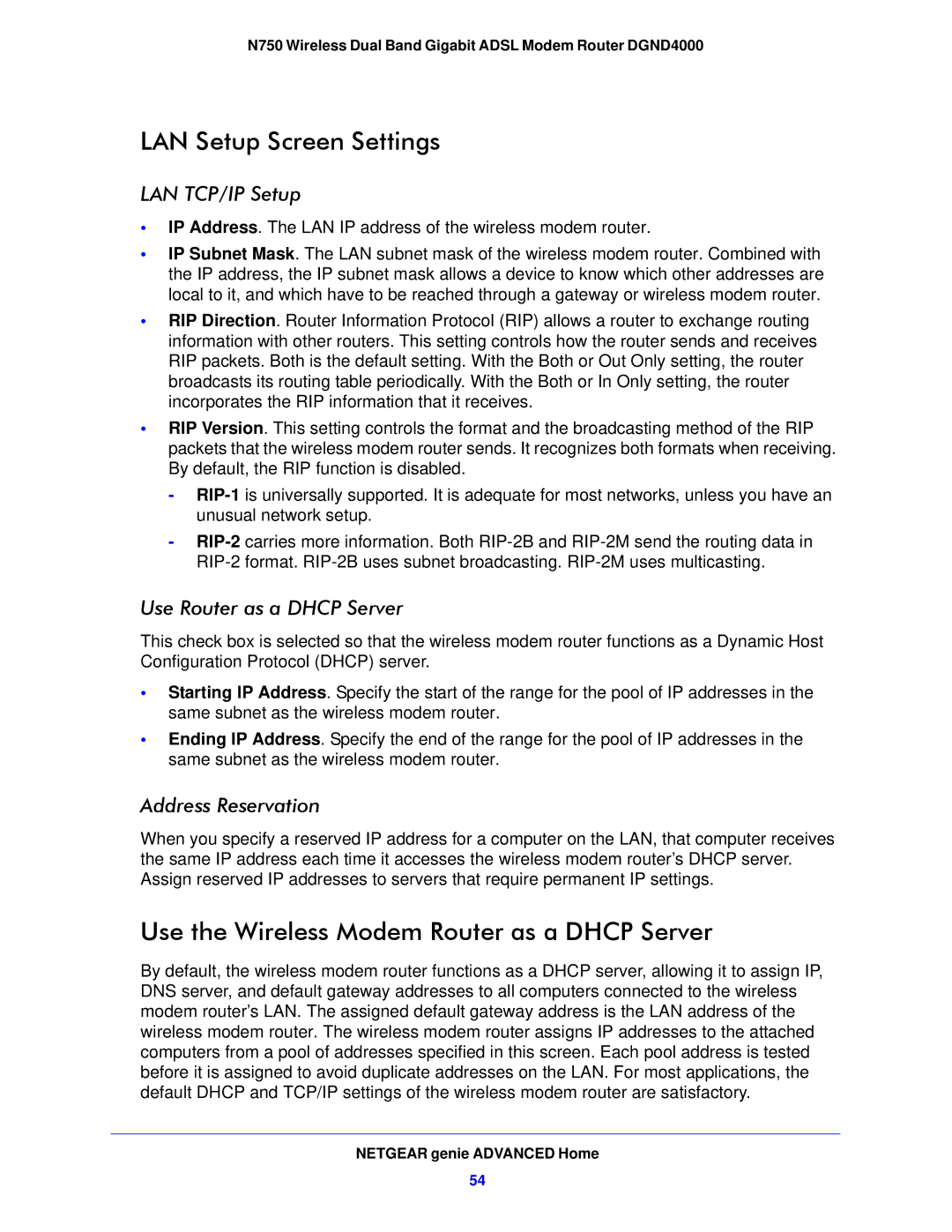 NETGEAR DGND4000-100NAS LAN Setup Screen Settings, Use the Wireless Modem Router as a Dhcp Server, LAN TCP/IP Setup 