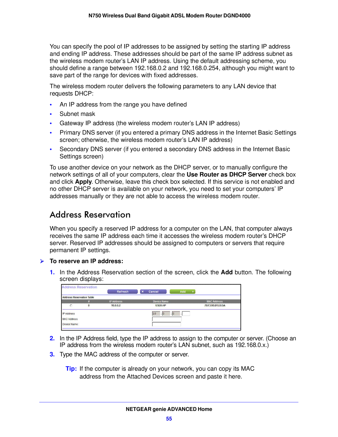 NETGEAR DGND4000-100NAS user manual Address Reservation,  To reserve an IP address 