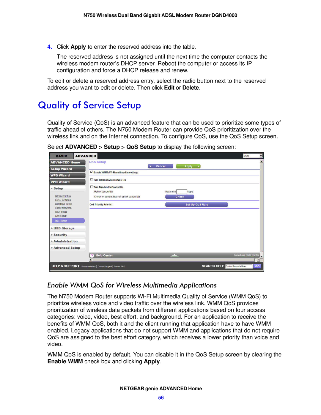 NETGEAR DGND4000-100NAS user manual Quality of Service Setup, Enable WMM QoS for Wireless Multimedia Applications 