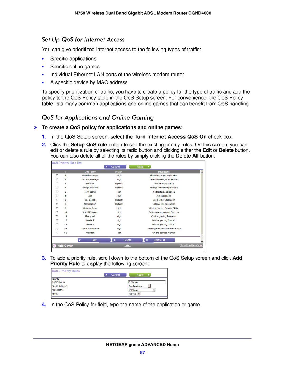 NETGEAR DGND4000-100NAS user manual Set Up QoS for Internet Access, QoS for Applications and Online Gaming 