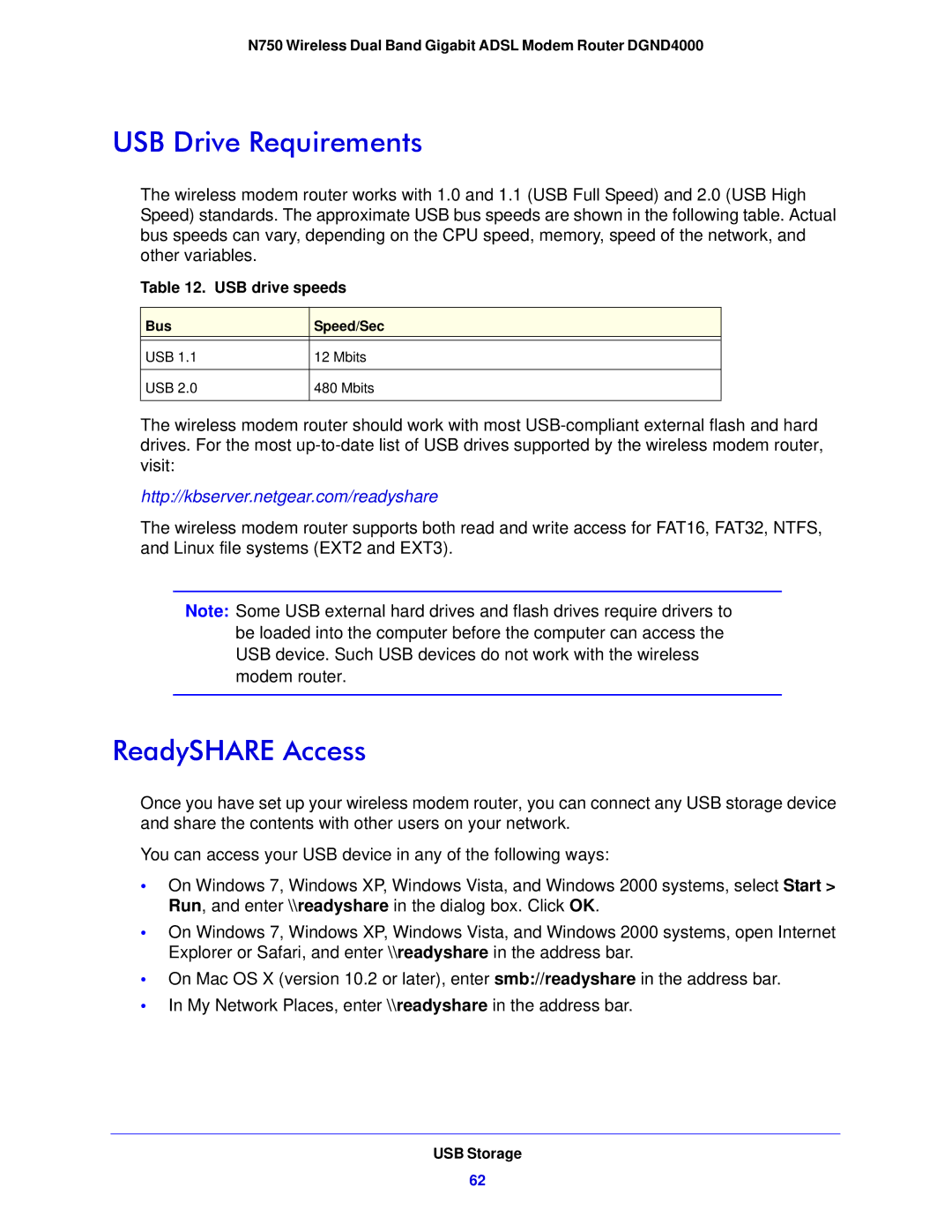 NETGEAR DGND4000-100NAS user manual USB Drive Requirements, ReadySHARE Access 