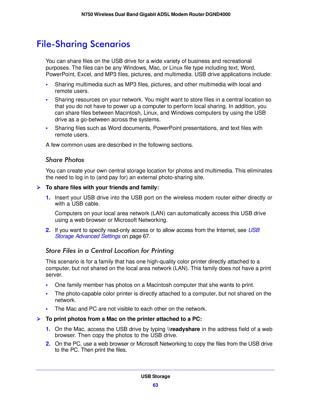 NETGEAR DGND4000-100NAS user manual File-Sharing Scenarios, Share Photos, Store Files in a Central Location for Printing 