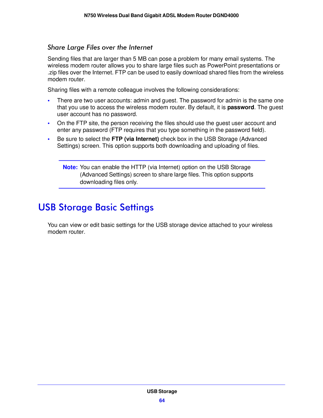 NETGEAR DGND4000-100NAS user manual USB Storage Basic Settings, Share Large Files over the Internet 