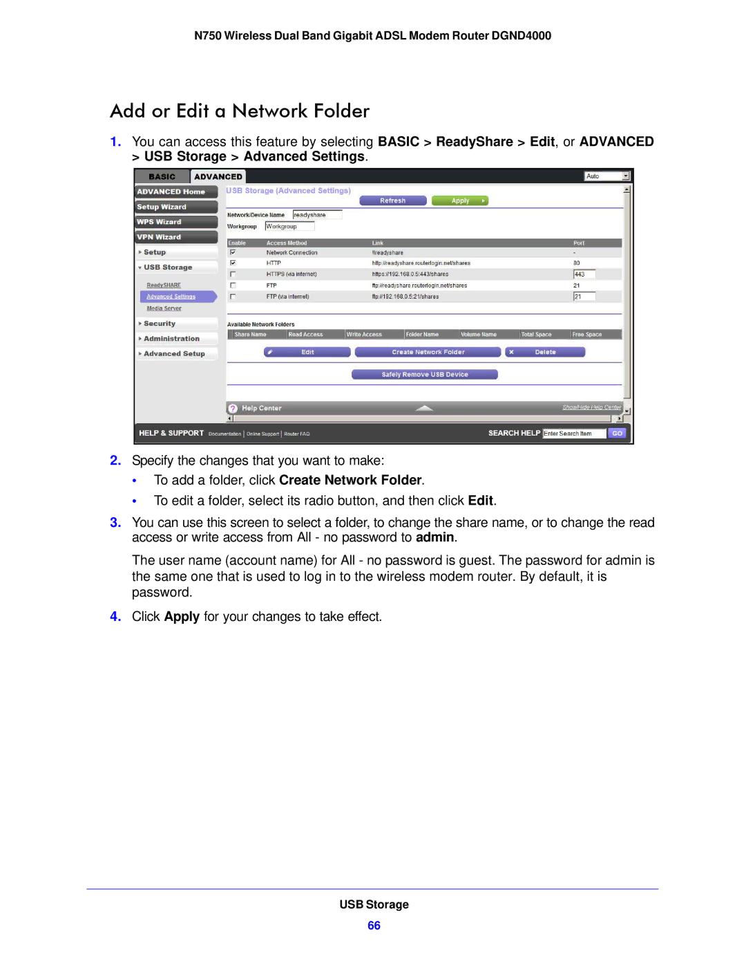 NETGEAR DGND4000-100NAS user manual Add or Edit a Network Folder 