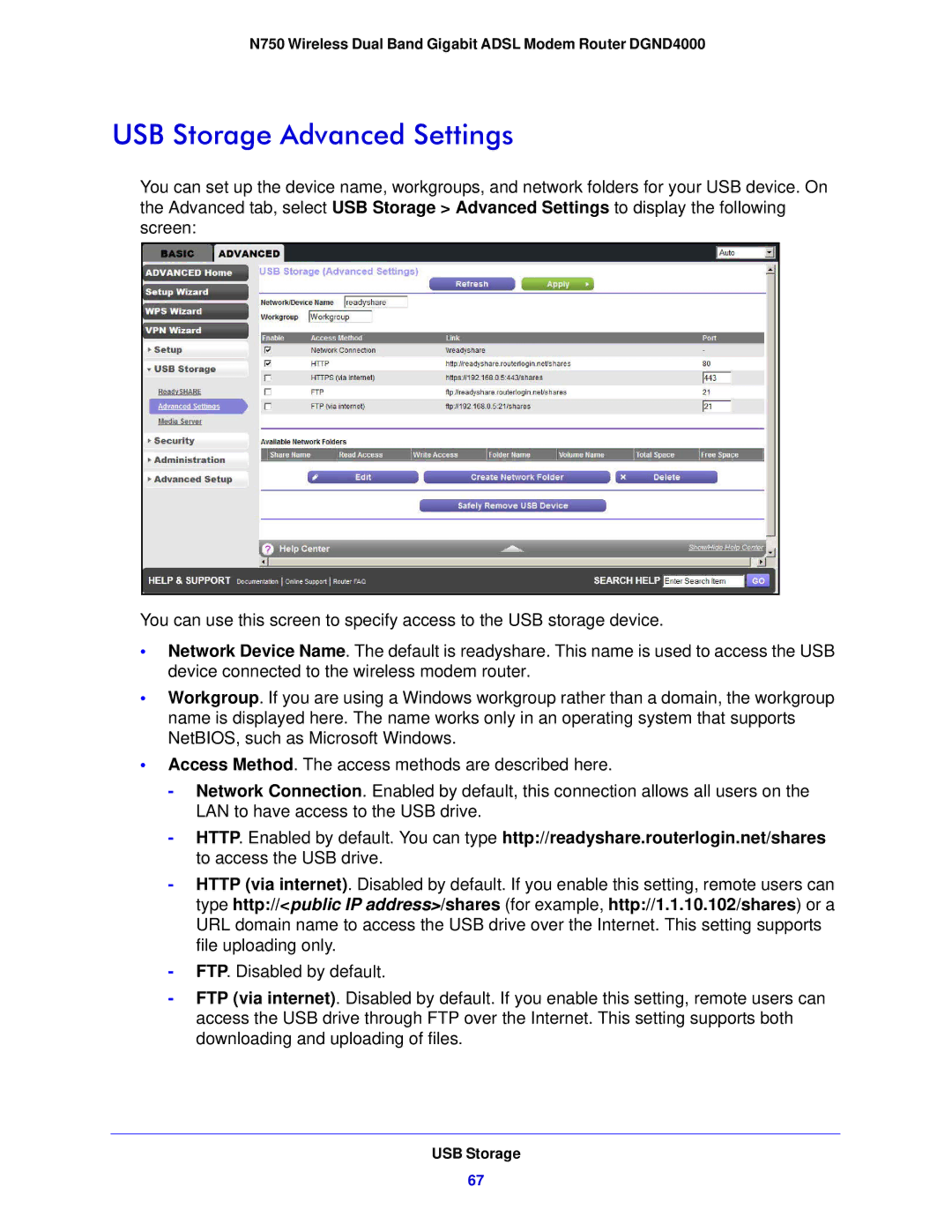 NETGEAR DGND4000-100NAS user manual USB Storage Advanced Settings 