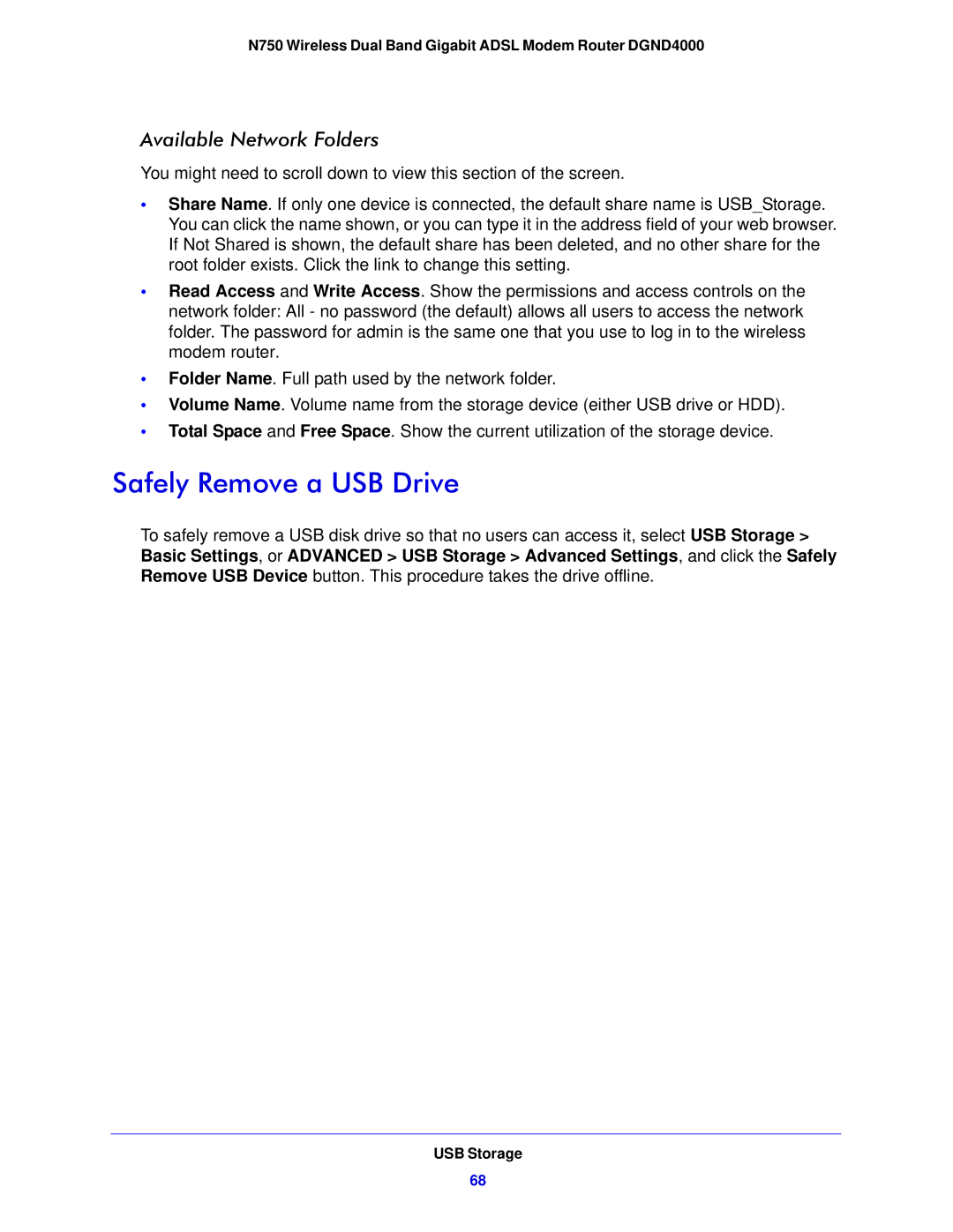 NETGEAR DGND4000-100NAS user manual Safely Remove a USB Drive, Available Network Folders 