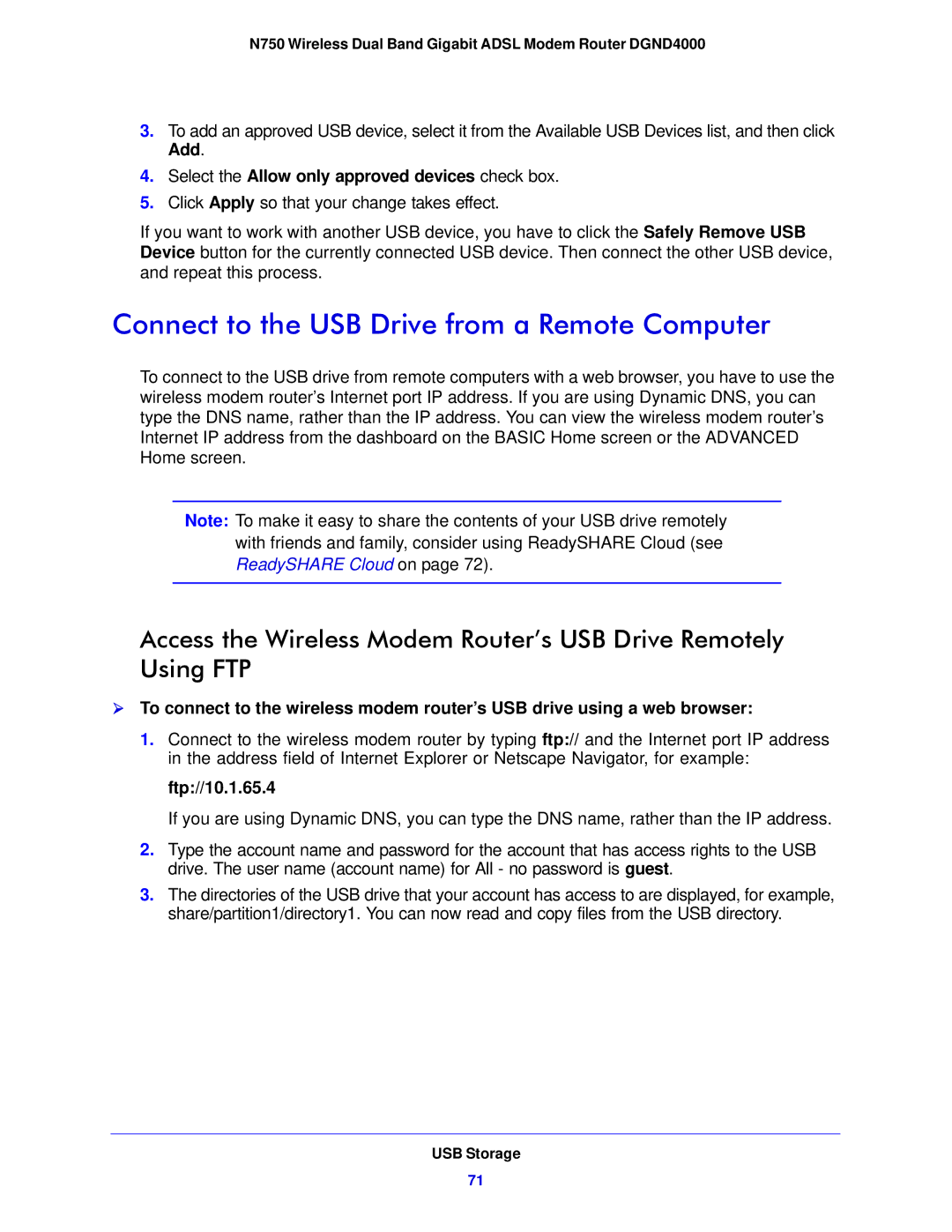 NETGEAR DGND4000-100NAS Connect to the USB Drive from a Remote Computer, Select the Allow only approved devices check box 