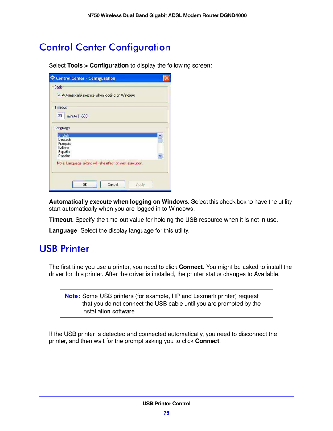 NETGEAR DGND4000-100NAS user manual Control Center Configuration, USB Printer 