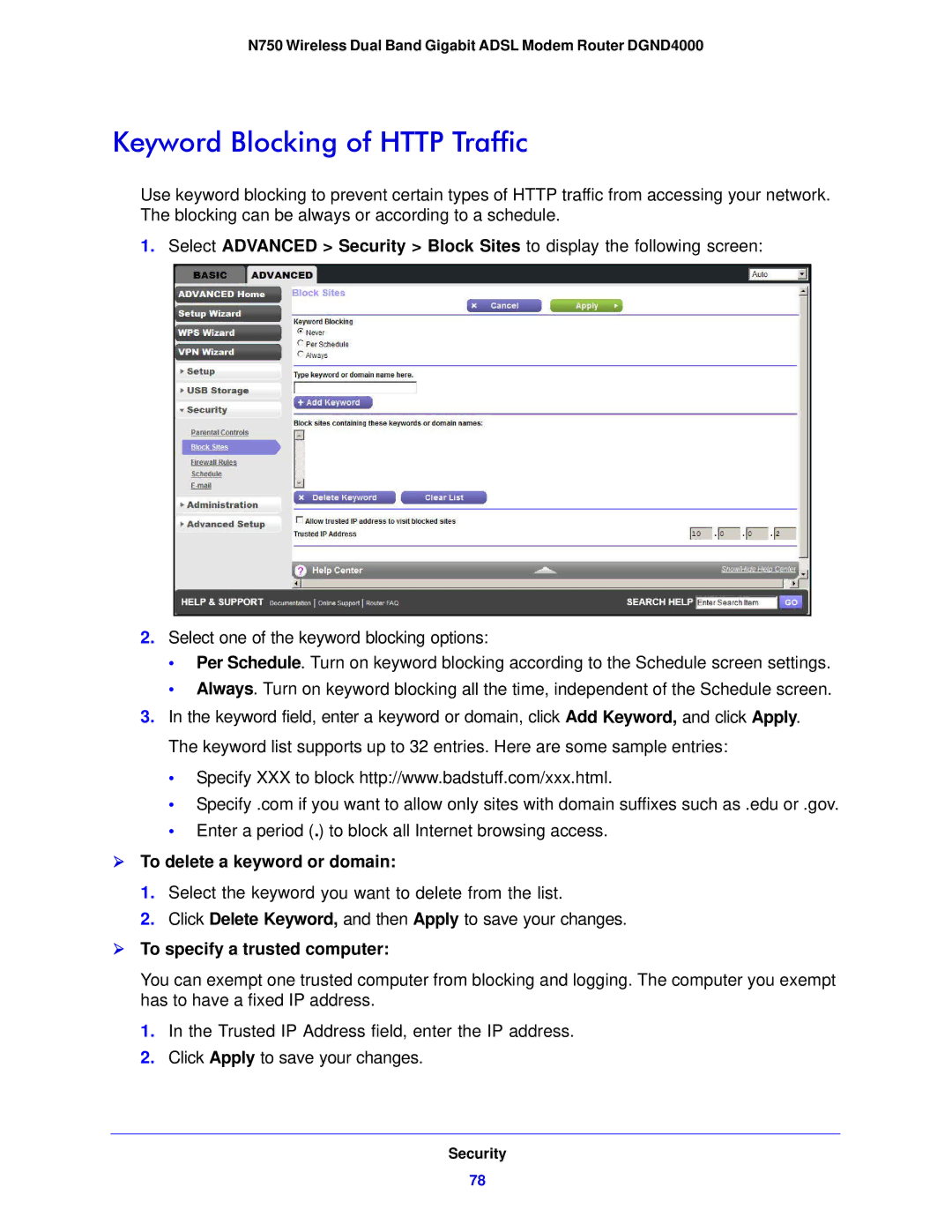 NETGEAR DGND4000-100NAS Keyword Blocking of Http Traffic,  To delete a keyword or domain,  To specify a trusted computer 