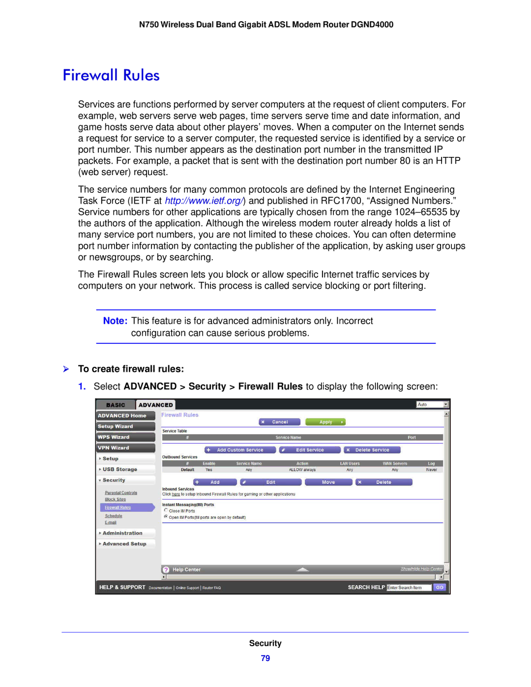 NETGEAR DGND4000-100NAS user manual Firewall Rules,  To create firewall rules 