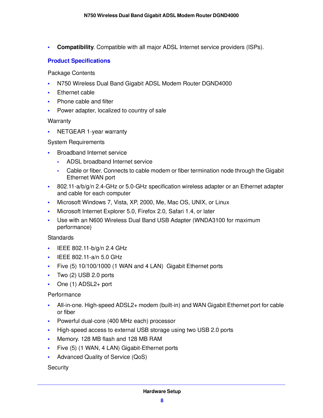 NETGEAR DGND4000-100NAS user manual Product Specifications 