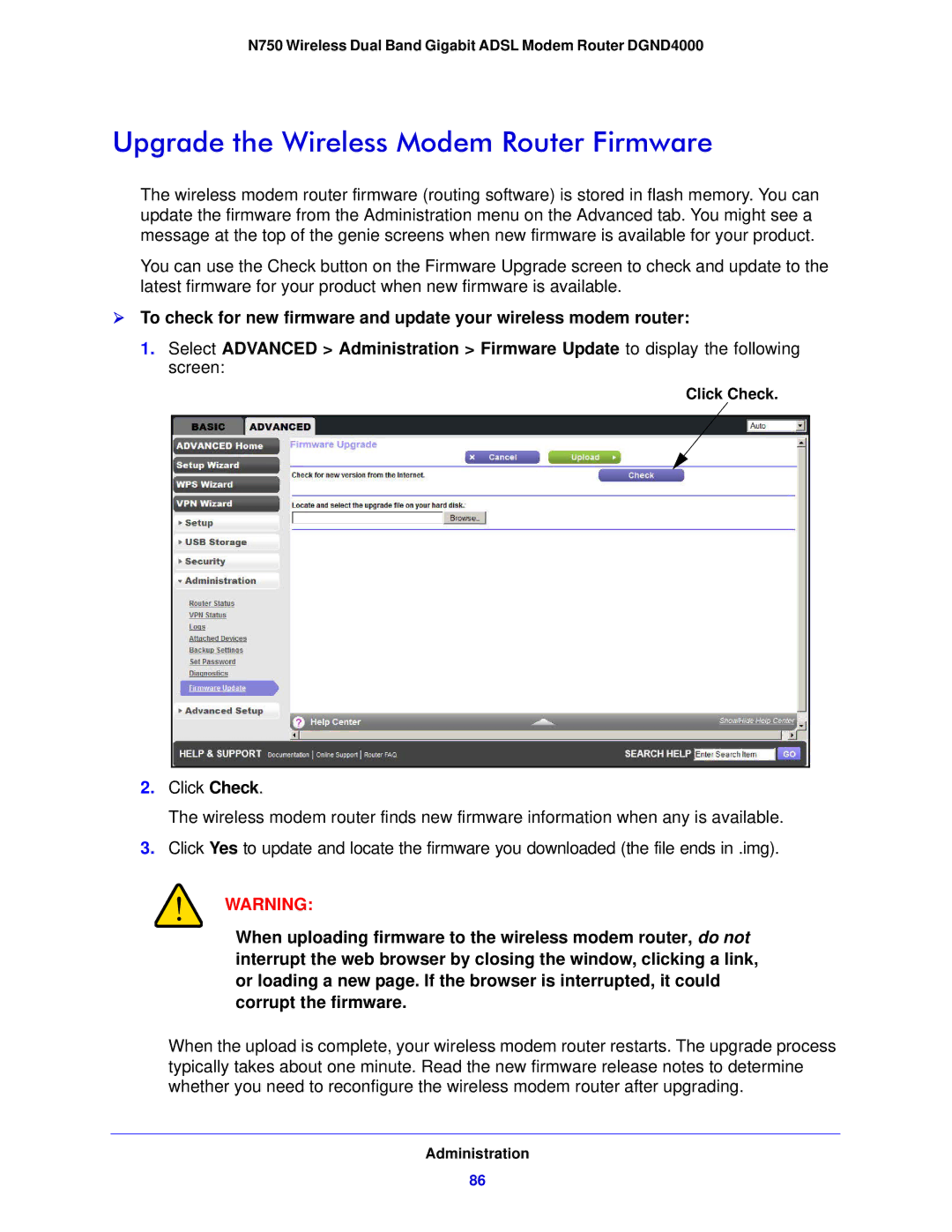 NETGEAR DGND4000-100NAS user manual Upgrade the Wireless Modem Router Firmware 