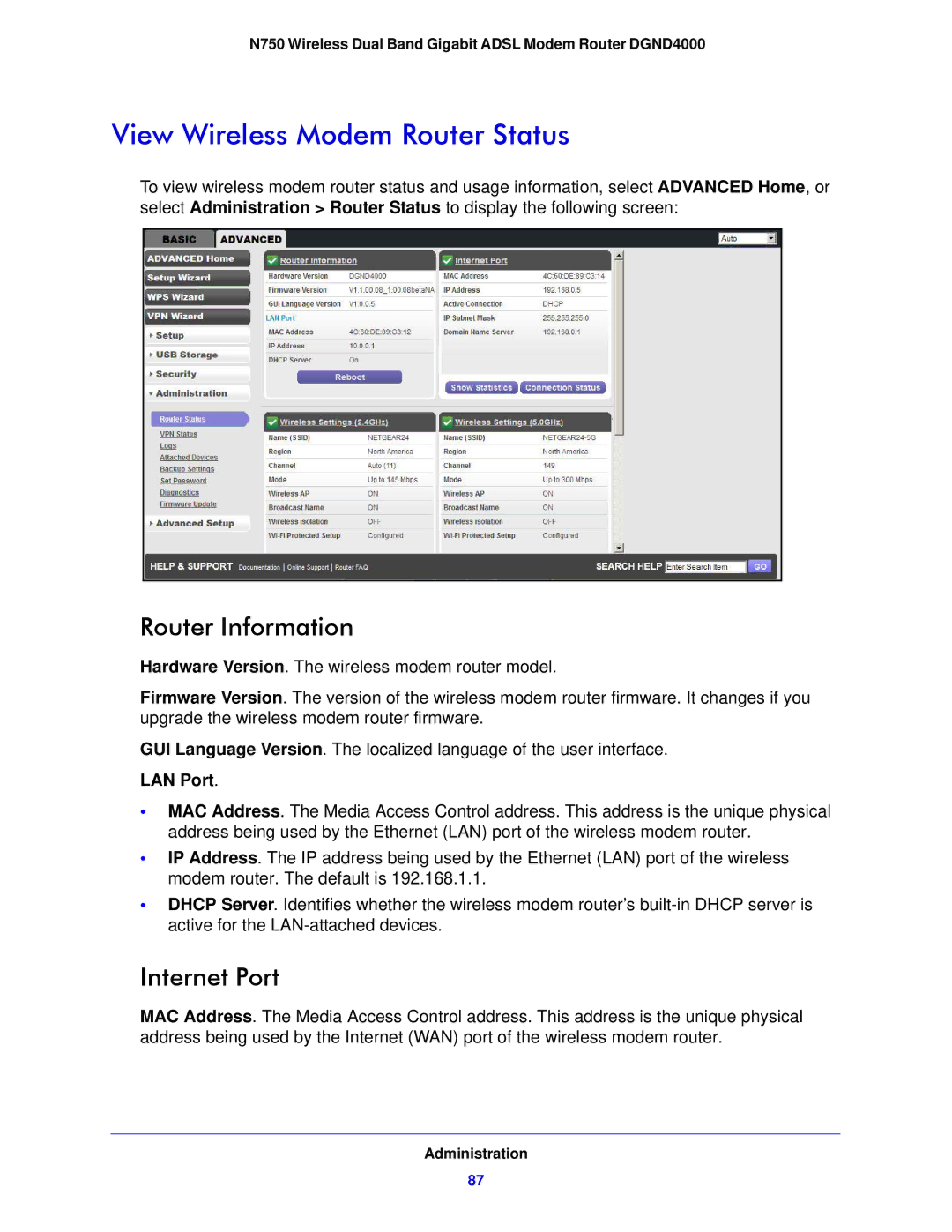 NETGEAR DGND4000-100NAS user manual View Wireless Modem Router Status, Router Information, Internet Port 