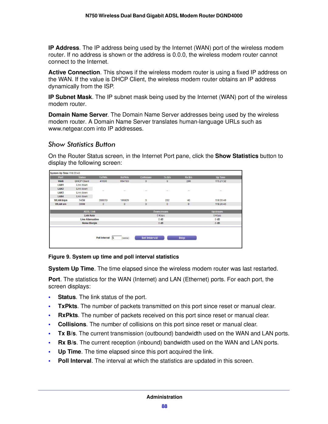 NETGEAR DGND4000-100NAS user manual Show Statistics Button, System up time and poll interval statistics 