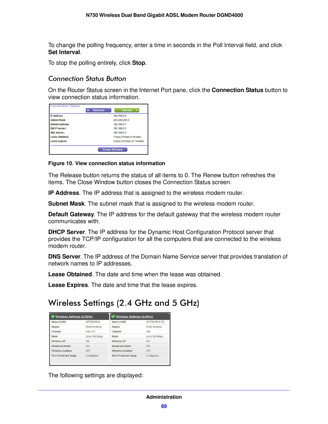 NETGEAR DGND4000-100NAS user manual Wireless Settings 2.4 GHz and 5 GHz, Connection Status Button 